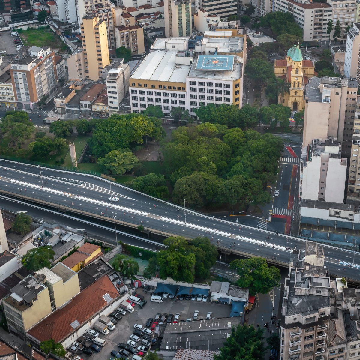 Aerial view Joao Goulart Elevated Highway (Minhocao) and Santa Cecilia Parish - São Paulo, Brazil